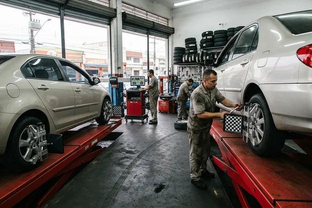 Carro alinhando rodas em uma borracharia.