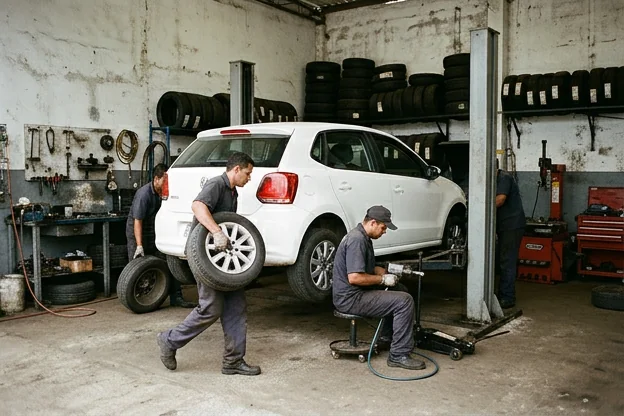 Rodízio de pneus sendo realizado por uma equipe profissional.